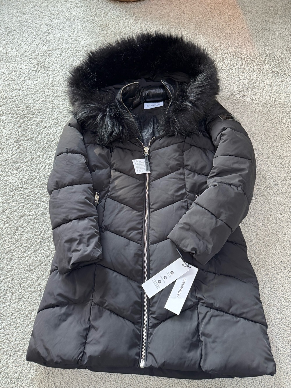 Calvin Klein Black Quilted Puffer Coat with Faux-Fur Hood Trim
